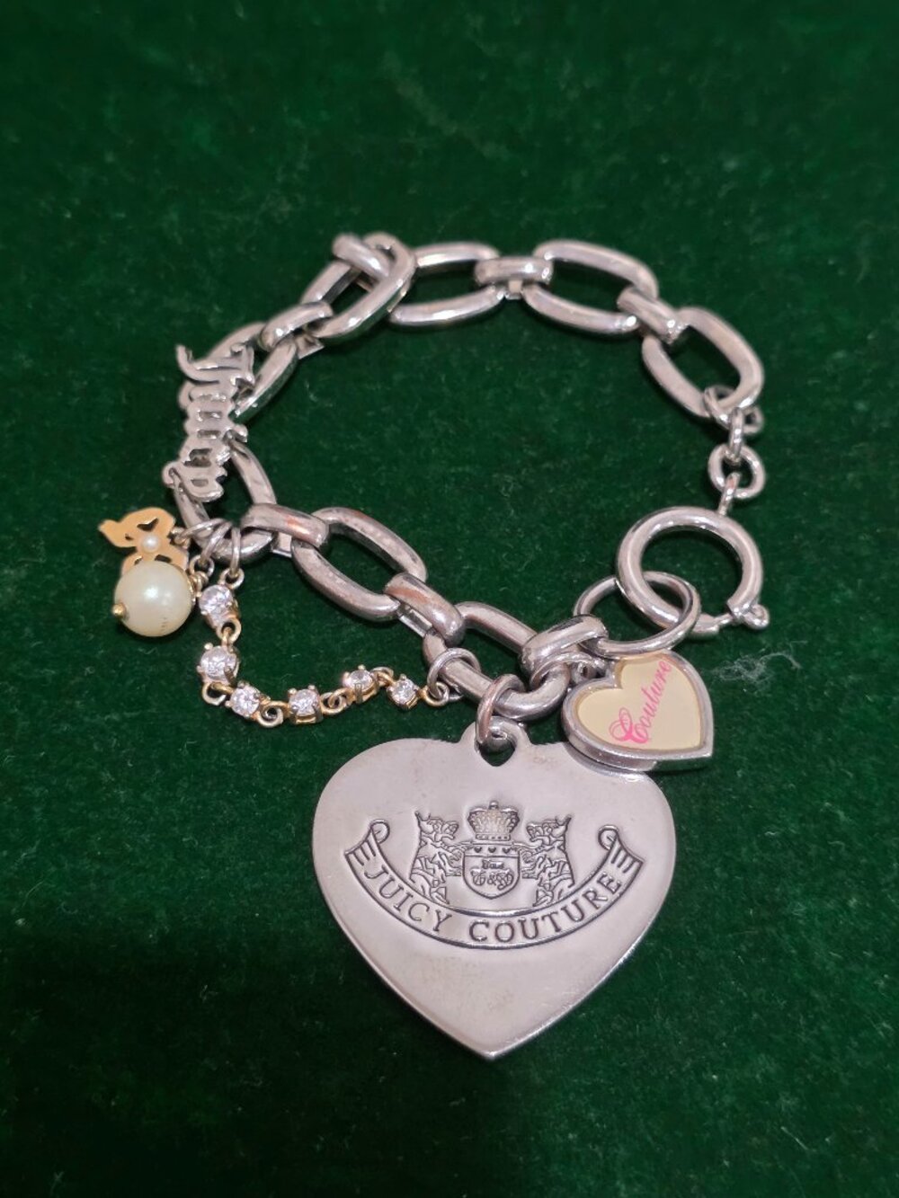 Juicy Couture Silver Tone Charm Bracelet Heart Pearl Crystal Scottie Crest